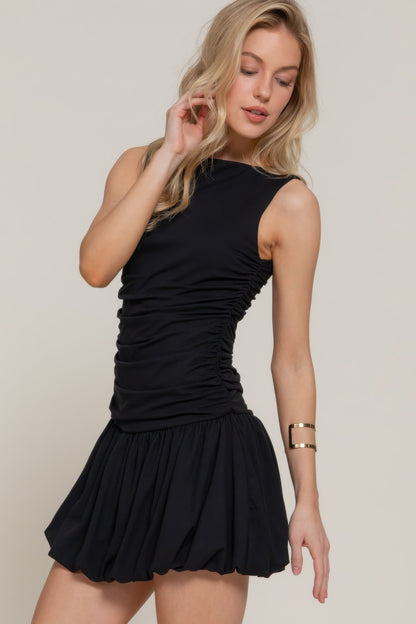 Sleeveless Boat Neck Voluminous Mini Dress