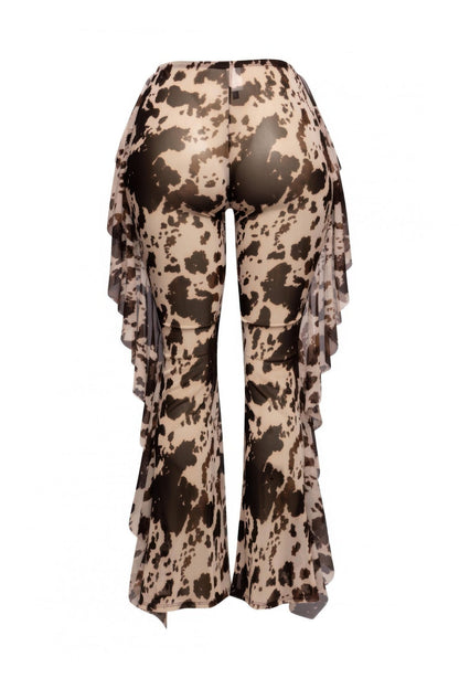 Side Ruffle Detailed Printed Mesh Pants