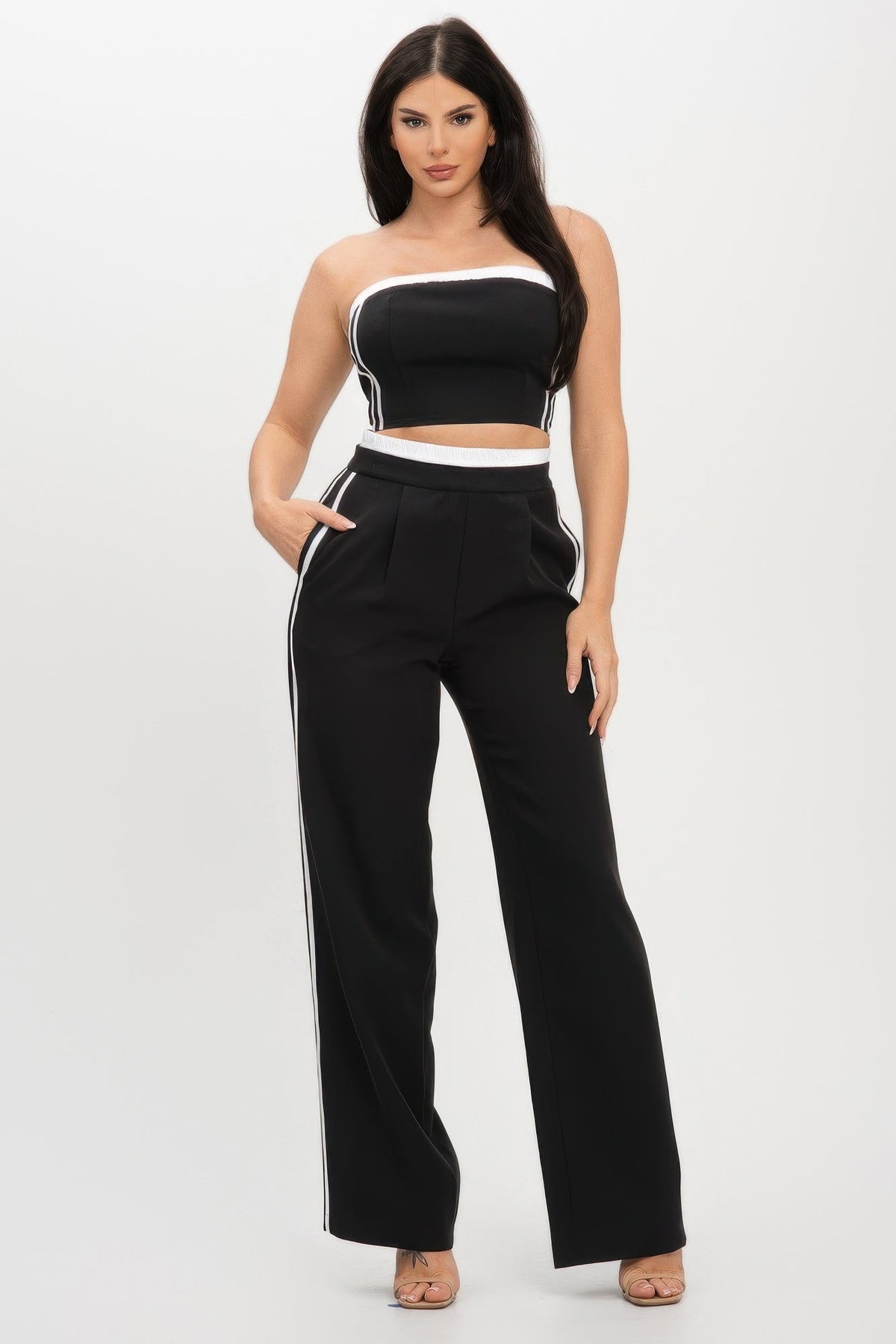 Stripe Tapping Contrast Elastic Band Toppants Set