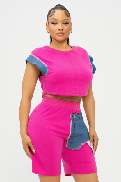 Color Block Denim Sleeve Top And Biker Shorts Set