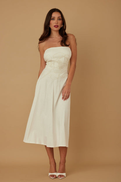 Flower Lining Linen Pattern Strapless Dress