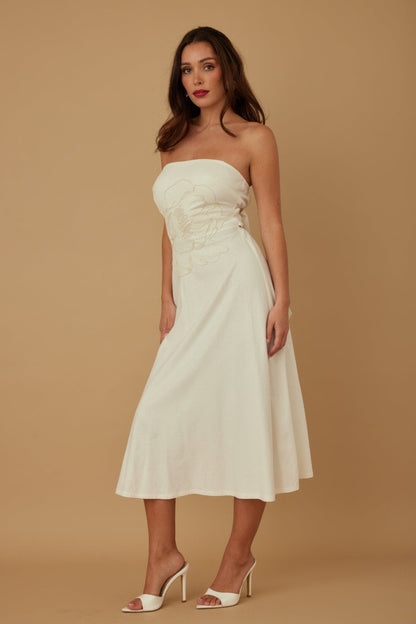 Flower Lining Linen Pattern Strapless Dress