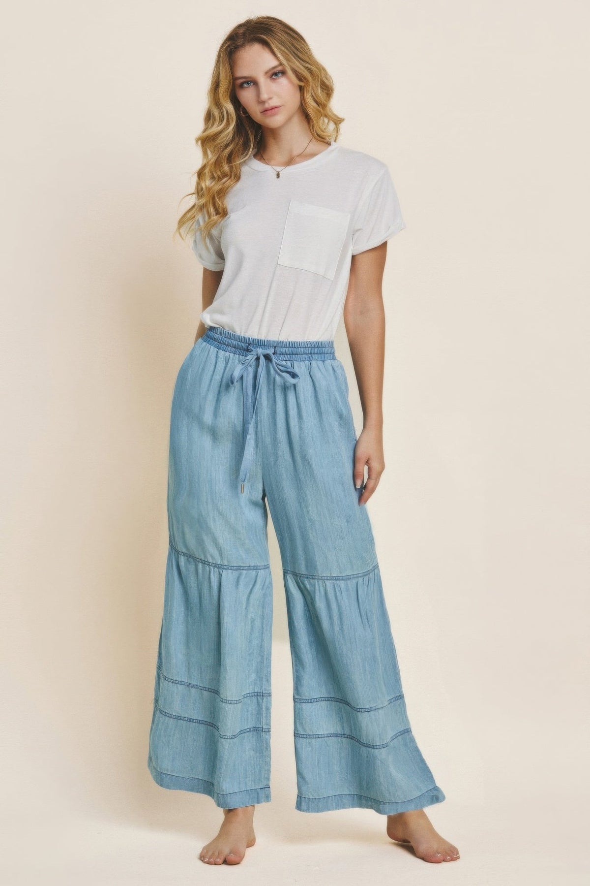 Washed Denim Tiered Wide Leg Pants