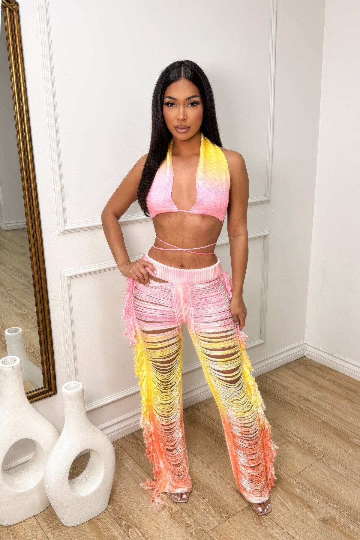 Ombre Fringe Destroyed Pants Set