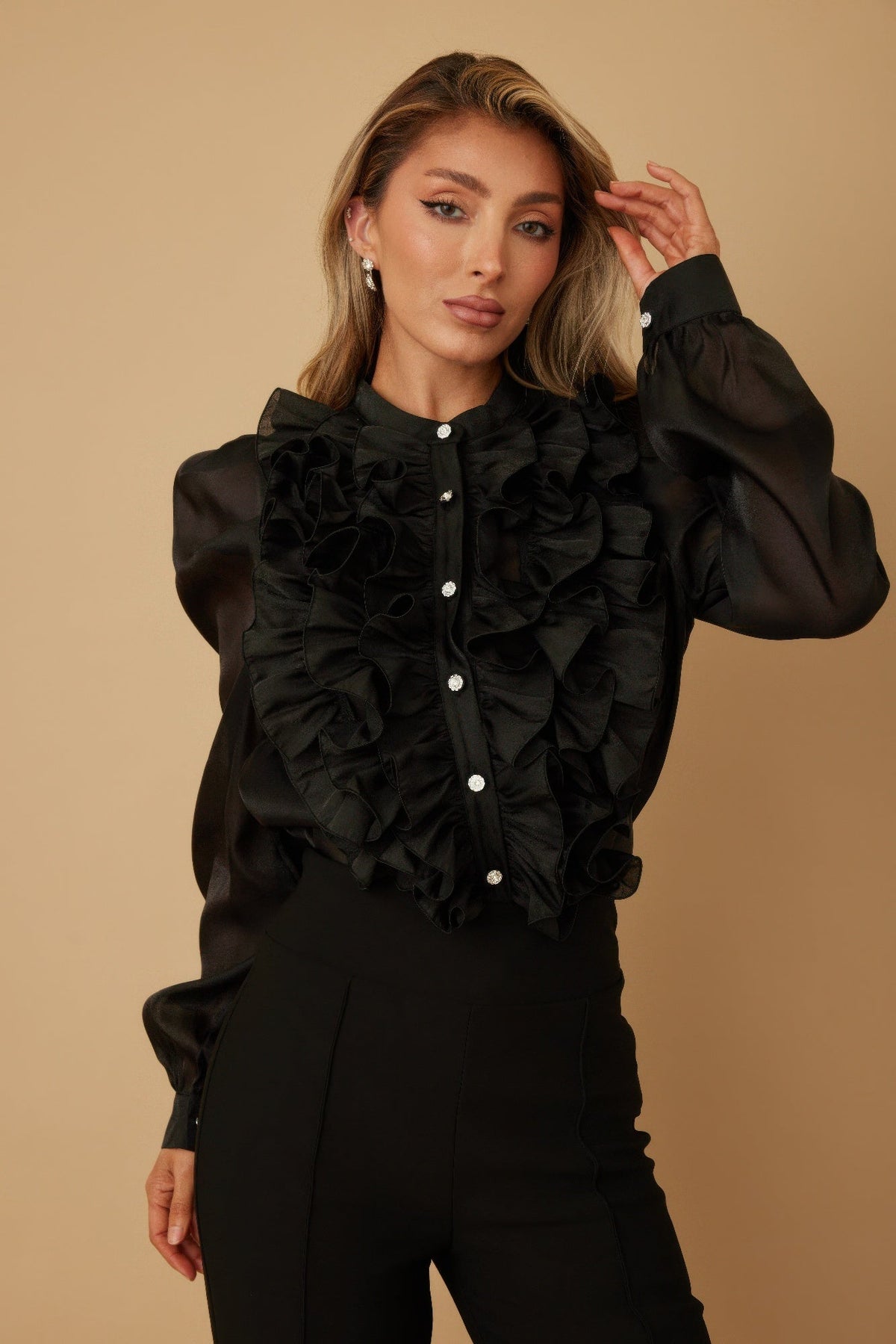 Ruffle Micro Crystal Long Sleeve Blouse