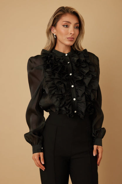 Ruffle Micro Crystal Long Sleeve Blouse