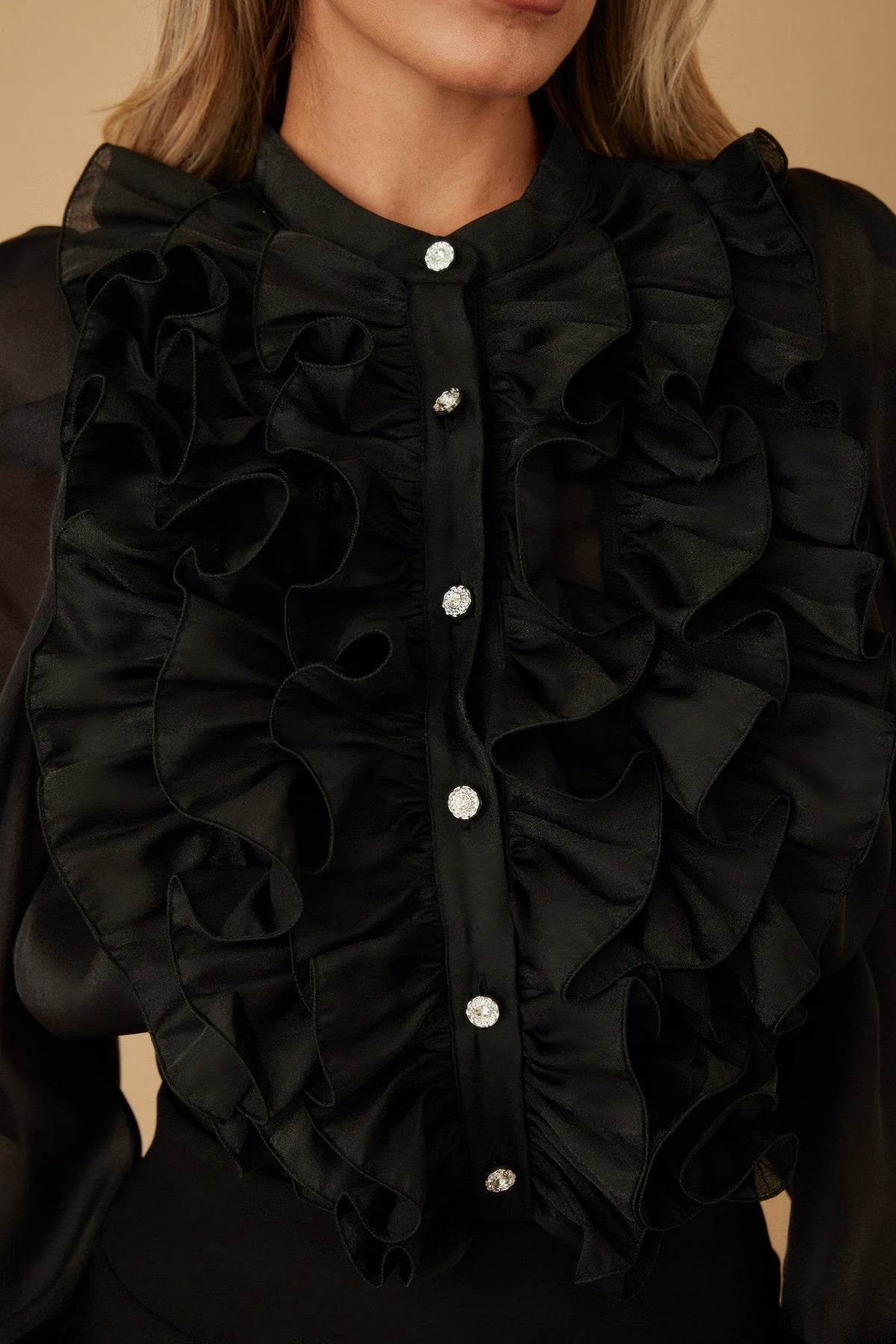 Ruffle Micro Crystal Long Sleeve Blouse