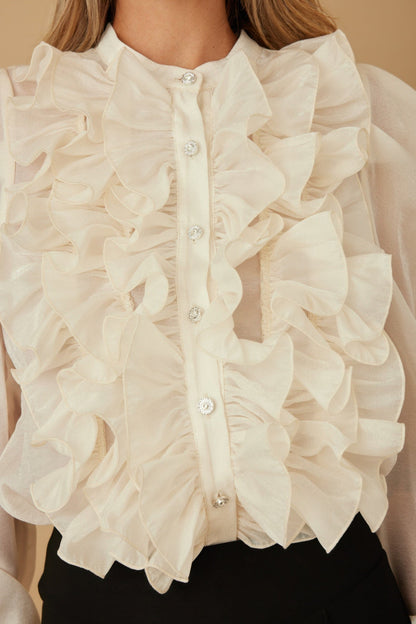 Ruffle Micro Crystal Long Sleeve Blouse