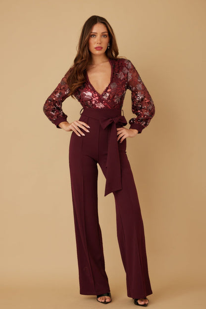Flower Vein Sequin Print Jumpsuit