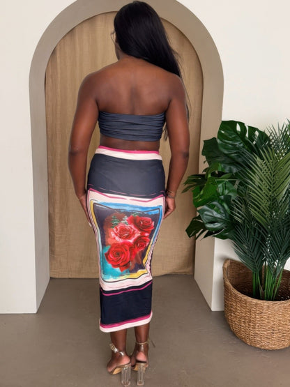 Midnight Bloom Strapless Skirt Set