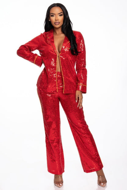 Sequin Collared Two Piece Set