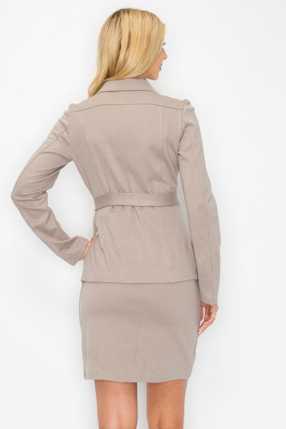 Ls Belted Button Up Jacket & Pencil Skirt Set