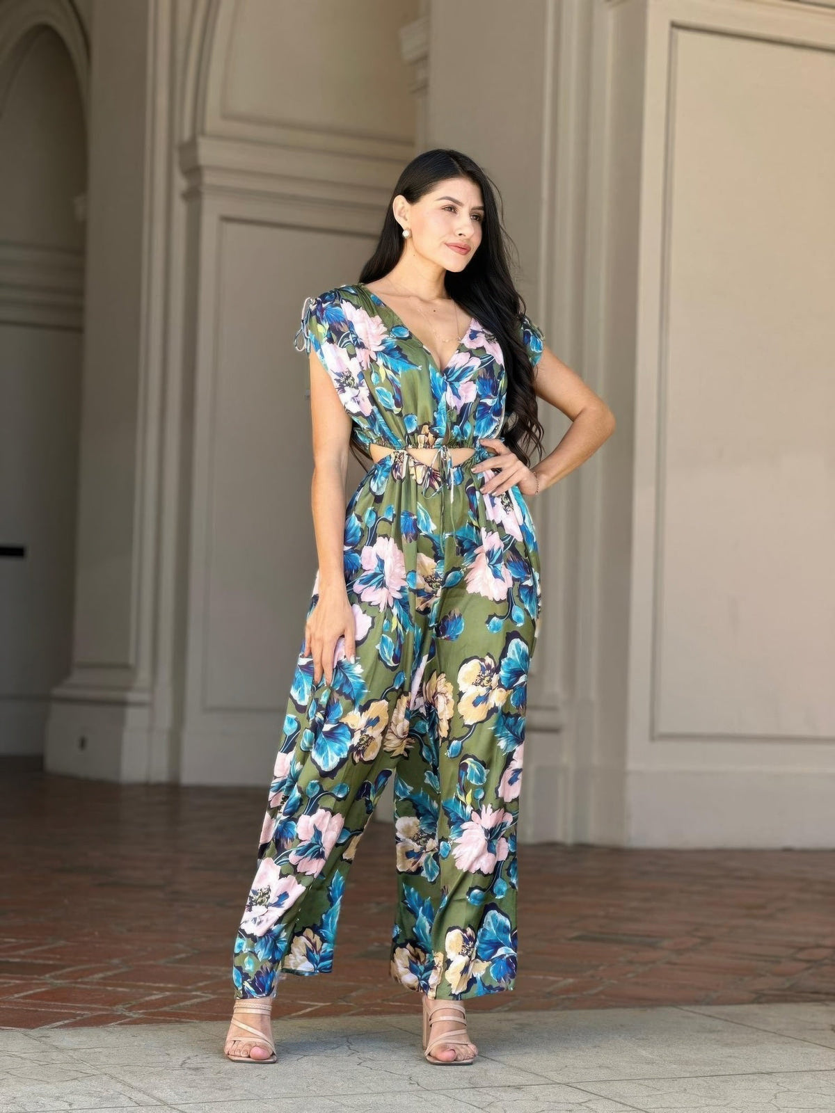 Satin Floral Cut Out Straight Leg Jumpsuit