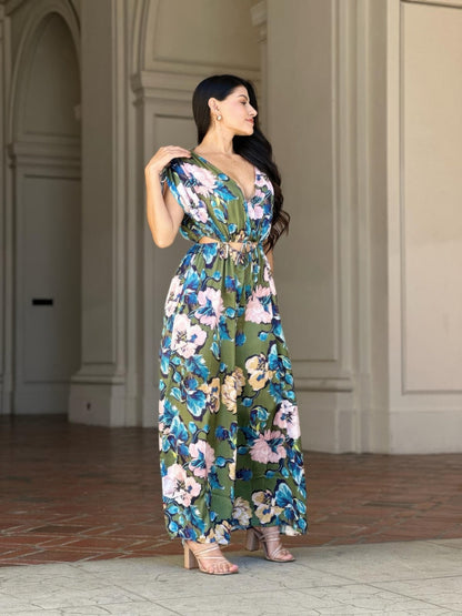 Satin Floral Cut Out Straight Leg Jumpsuit