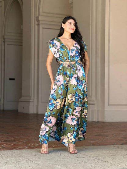 Satin Floral Cut Out Straight Leg Jumpsuit