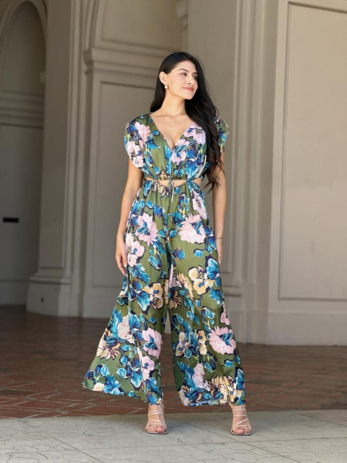 Satin Floral Cut Out Straight Leg Jumpsuit