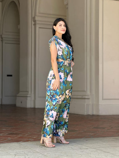 Satin Floral Cut Out Straight Leg Jumpsuit