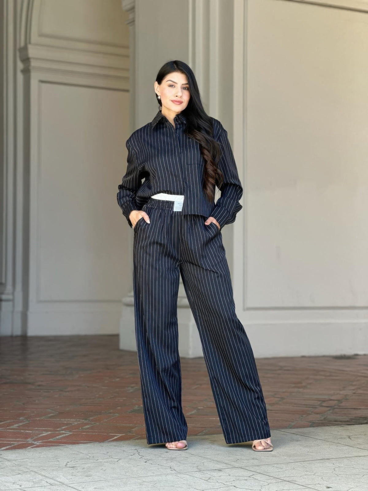 Striped Set With Double Waistband Pants And Top
