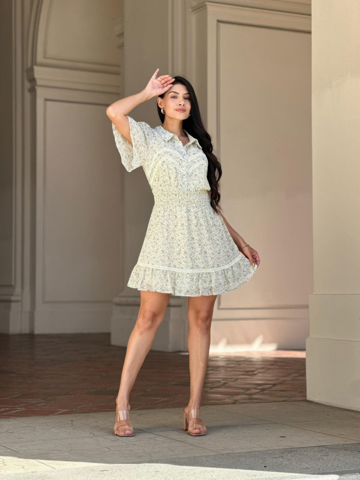 Floral Print Saffy Lace Smocking Waist Mini Dress