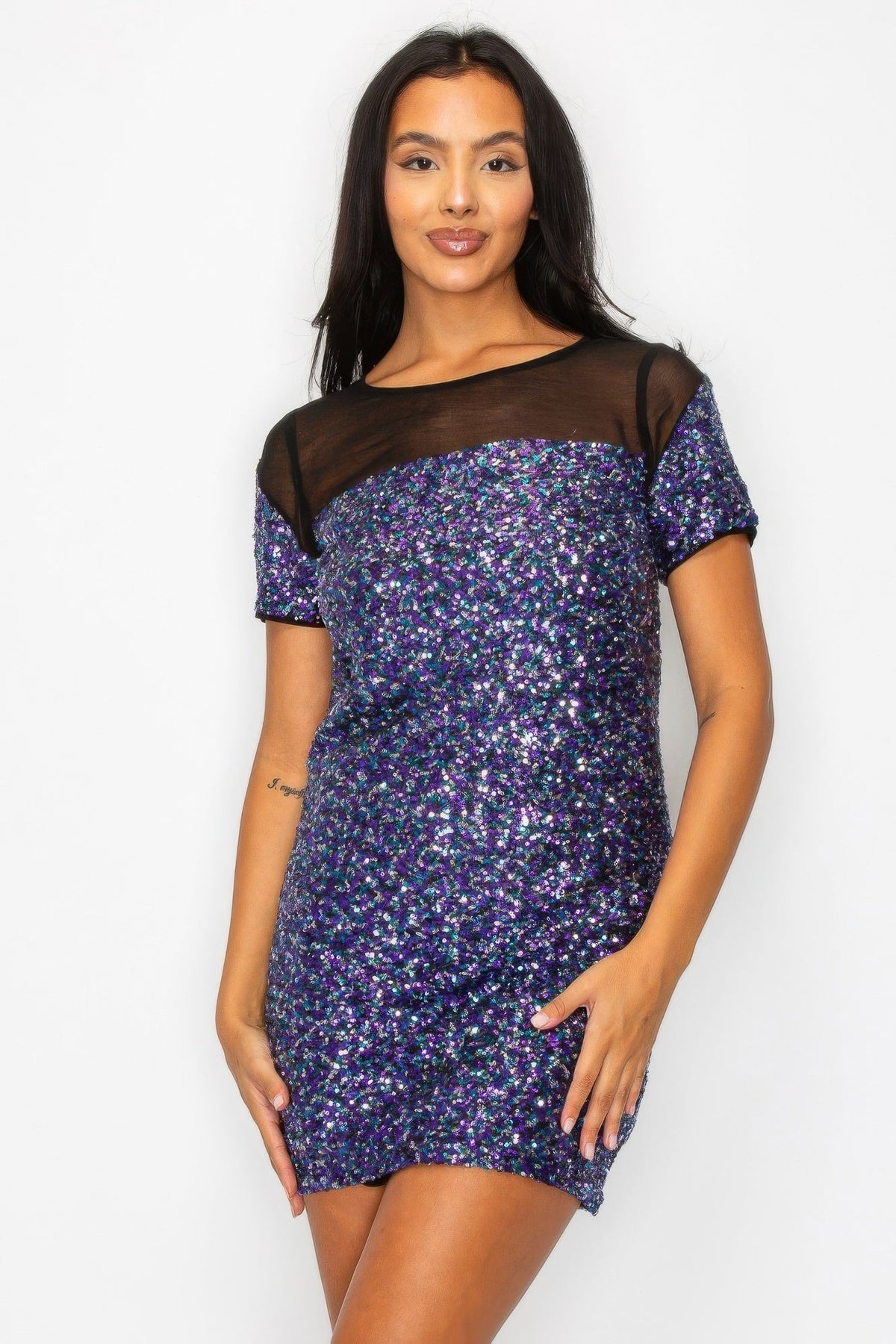 Sparkle Sequins & Mesh Cap Sleeve Mini Dress
