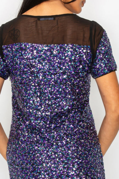 Sparkle Sequins & Mesh Cap Sleeve Mini Dress