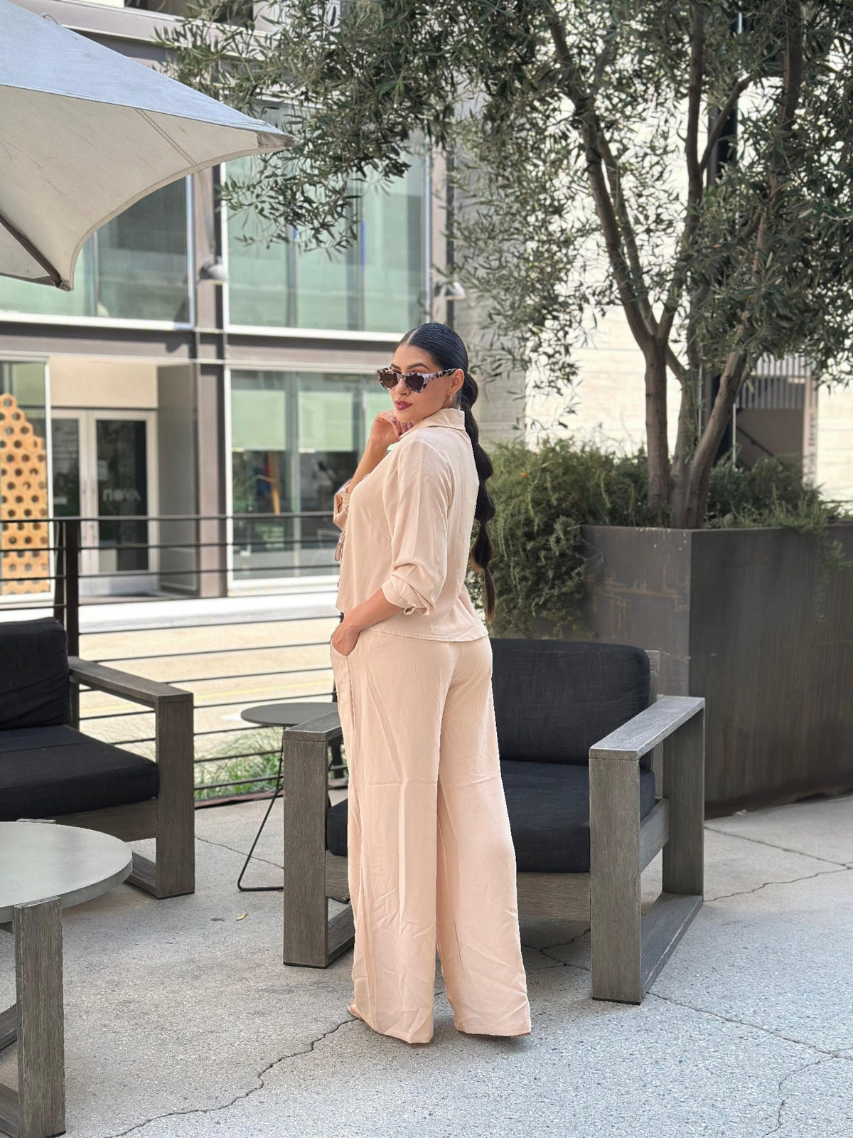 Casual Wide Leg Pants & Long Sleeve Front Tie Set
