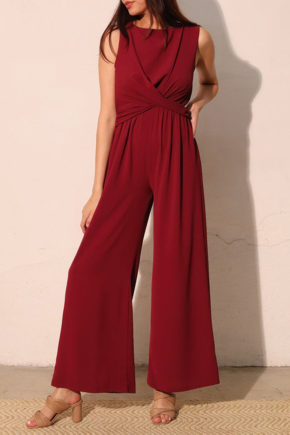 Textured Solid Twist Front Jumpsuit