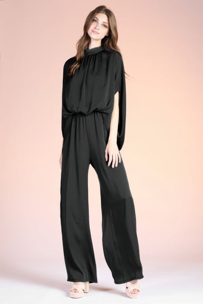 Washed Poly Silk Mock Neck Caftan Jumpsuit