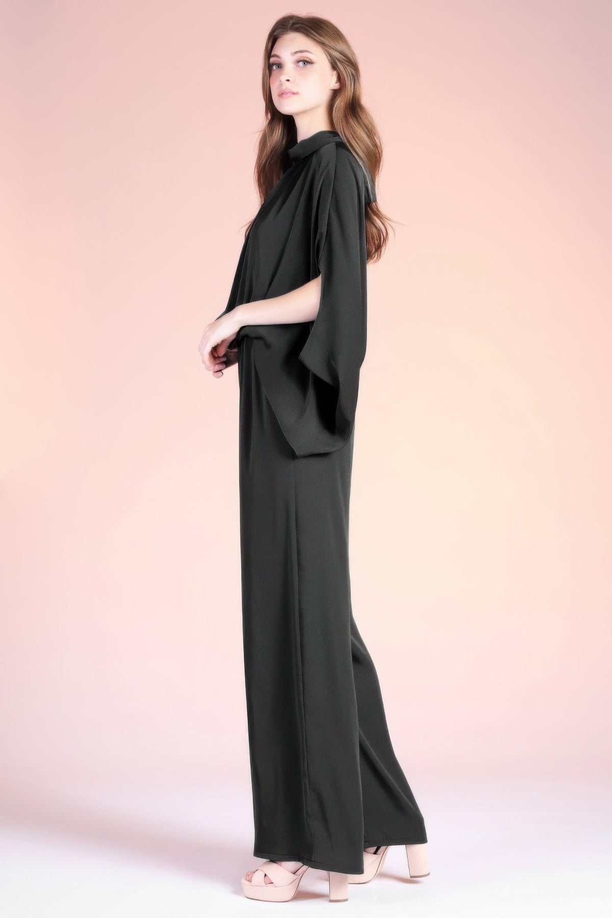 Washed Poly Silk Mock Neck Caftan Jumpsuit