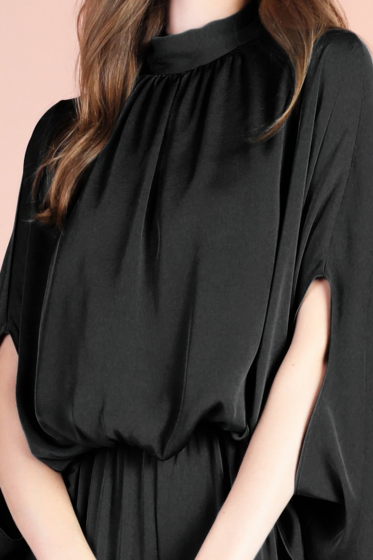 Washed Poly Silk Mock Neck Caftan Jumpsuit