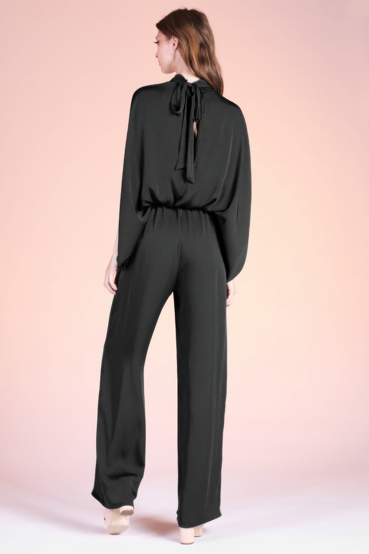Washed Poly Silk Mock Neck Caftan Jumpsuit