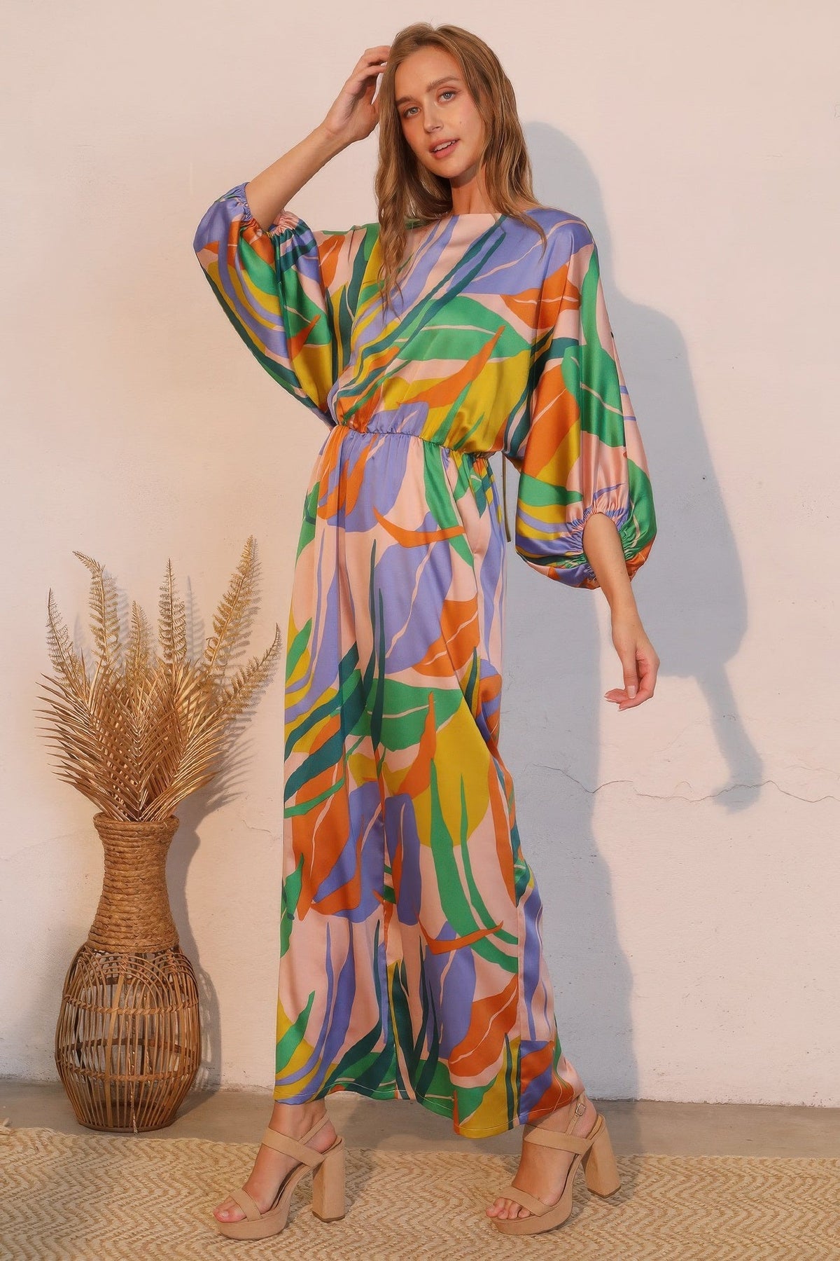 Isla Tropical Satin Boat Neck Blouson Jumpsuit