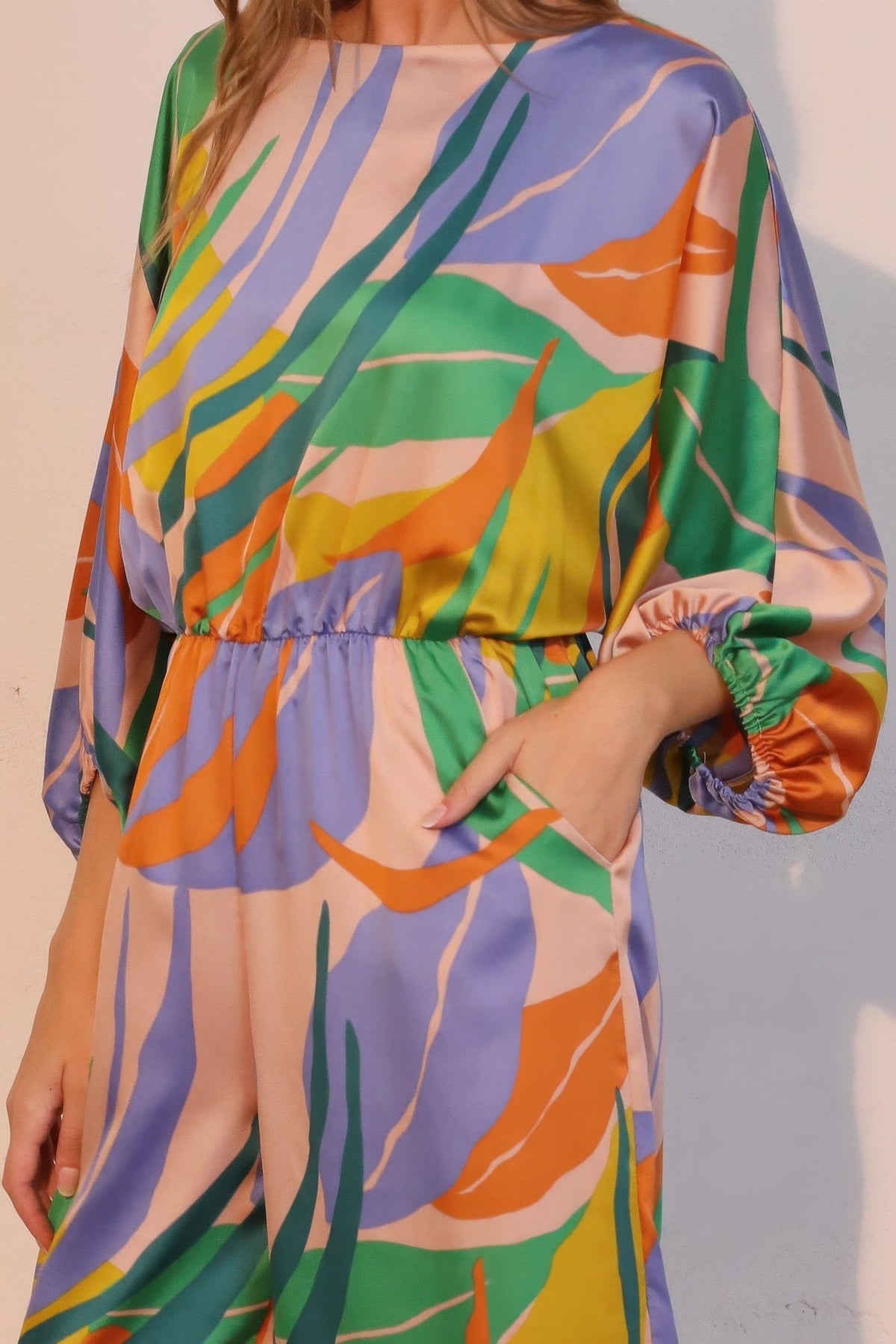 Isla Tropical Satin Boat Neck Blouson Jumpsuit
