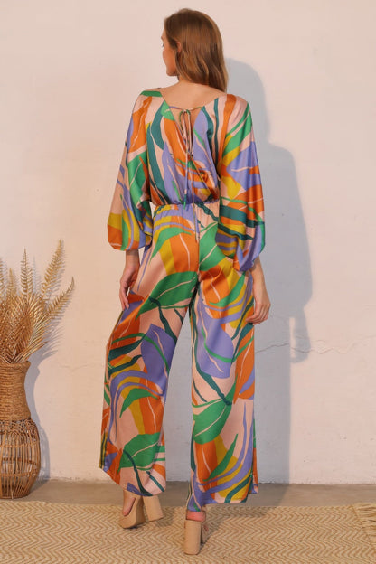Isla Tropical Satin Boat Neck Blouson Jumpsuit