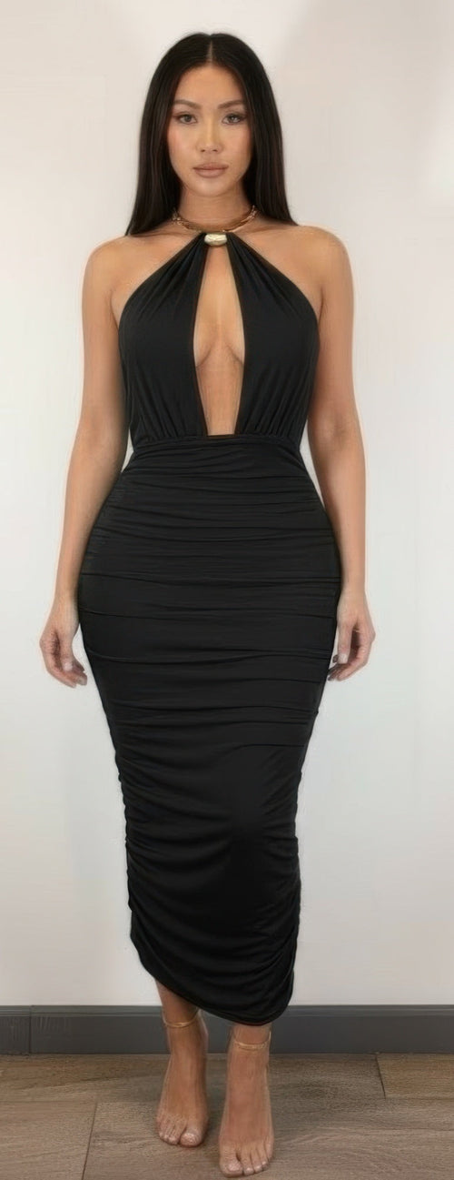 Strapless Necklace Detail Open Back Midi Dress
