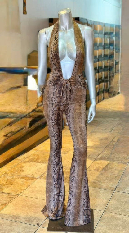 Snake Print Tie Open Back Jumpsuit