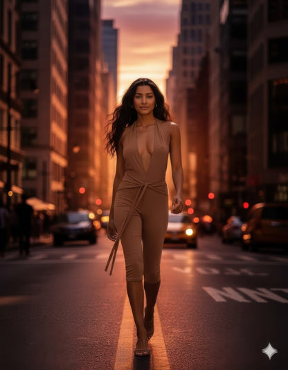 Capri Jumpsuit Openback Tie Neck