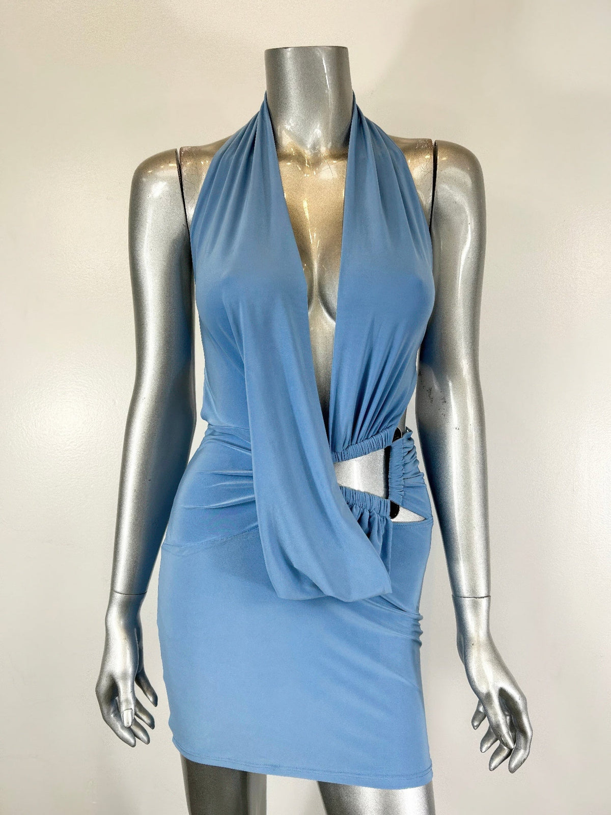 Open Back Drape Neck Trim Detail Mini Dress