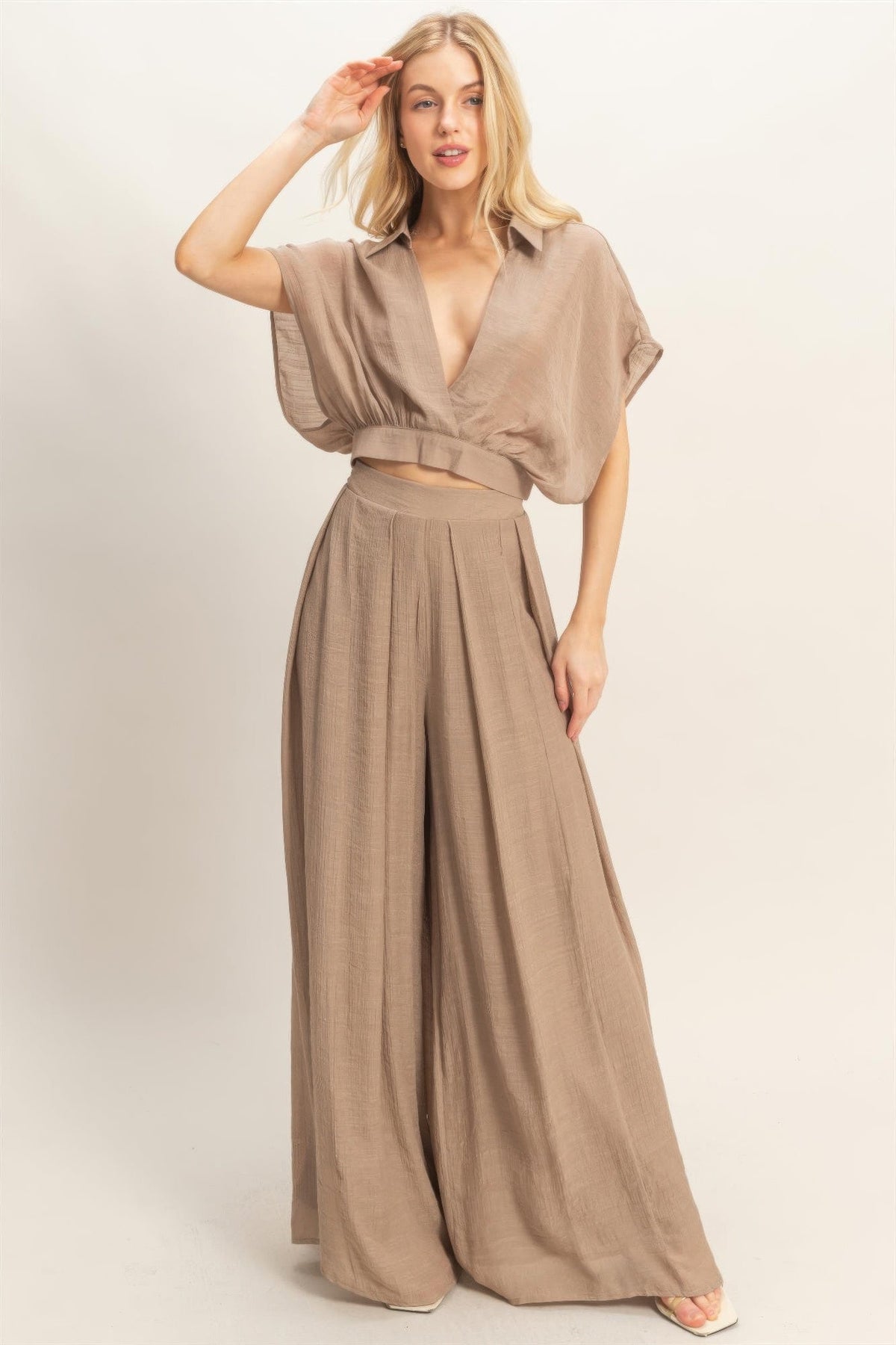 Collared Wrap Top & Wide-leg Pants Set