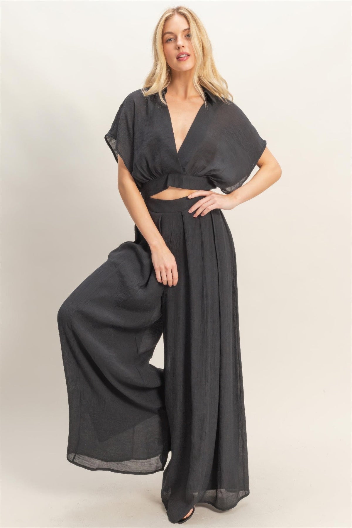 Collared Wrap Top & Wide-leg Pants Set