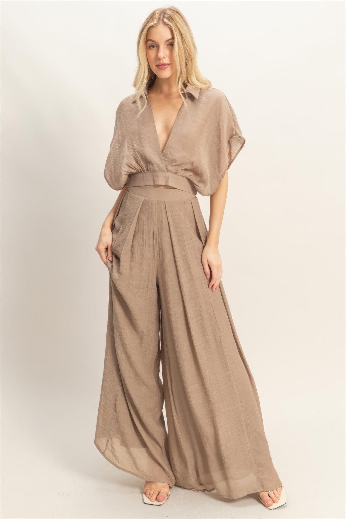 Collared Wrap Top & Wide-leg Pants Set