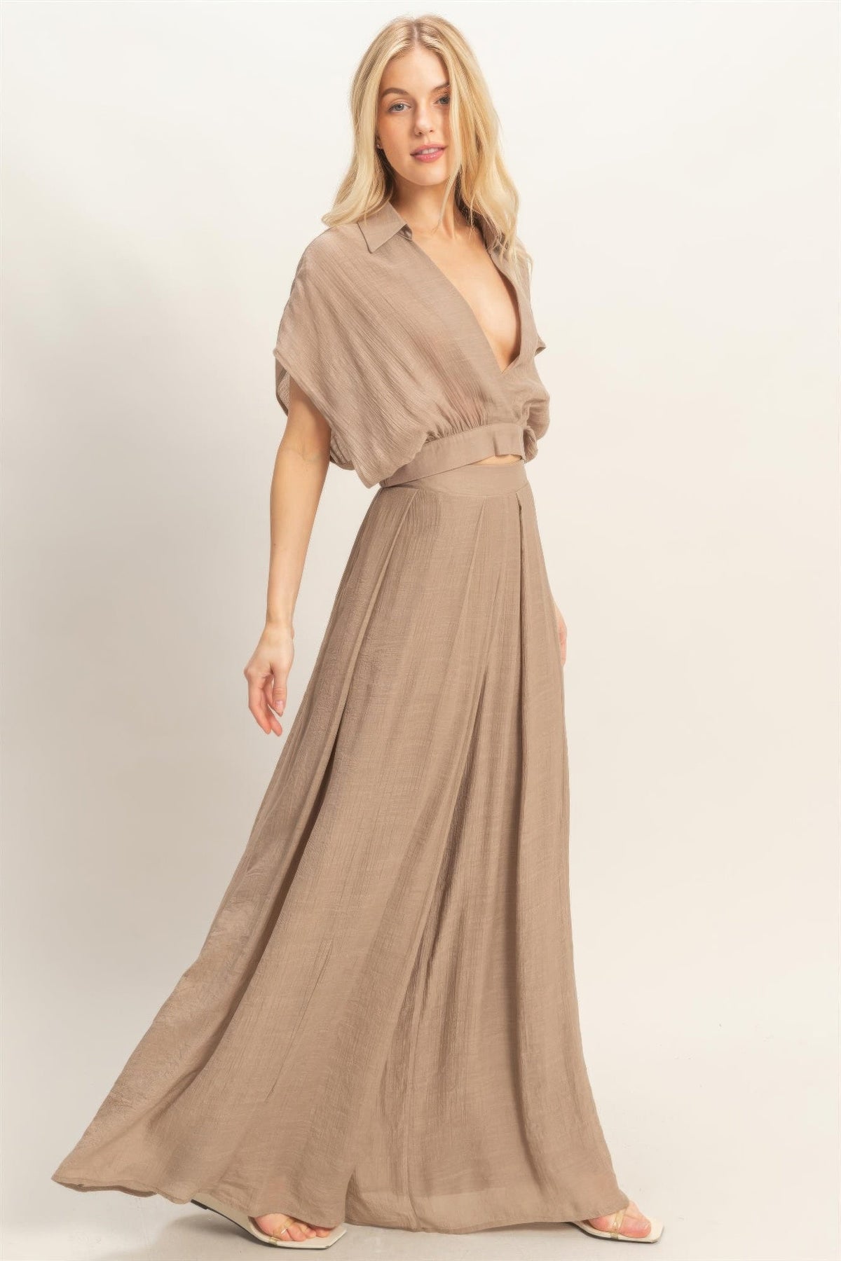Collared Wrap Top & Wide-leg Pants Set