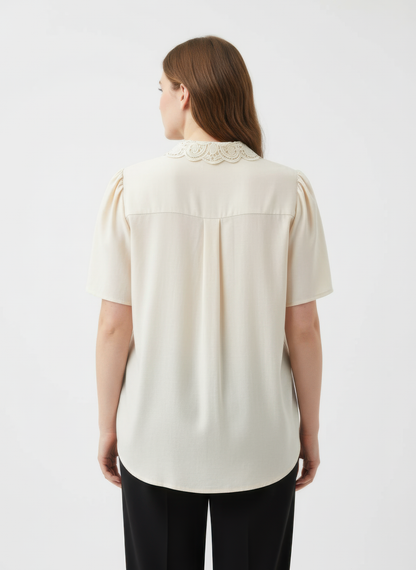 Lace Collar Button Detail Flutter Sleeve Top