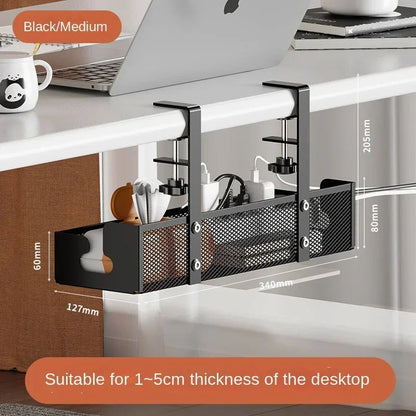 No-drill under-desk cord rack: metal mesh, high-load cable holder.