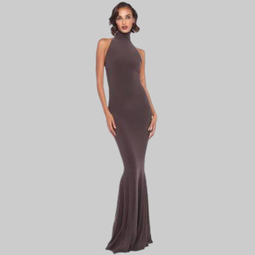 NORMA KAMALI Halter Turtle Fishtail Gown 4-Way Stretch Womens Sz M/38 Chocolate