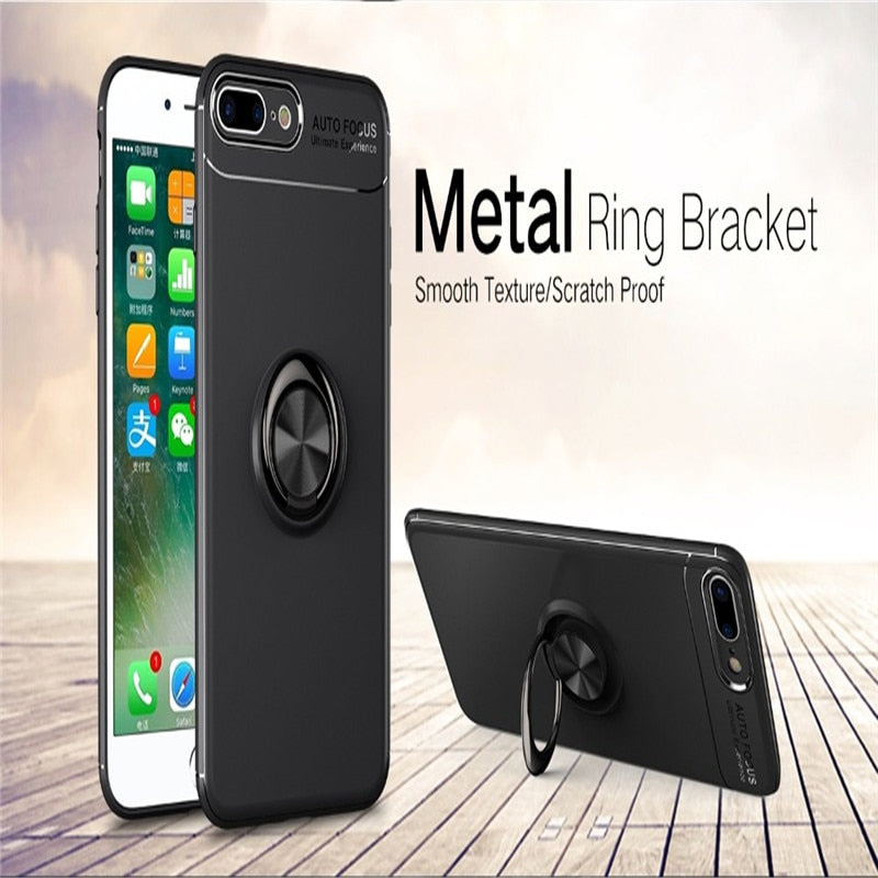 Phone Case Ultra Slim Silicon Armor Anti-knock Car Magnetic Metal Ring Bracket Cell Phone Shell Case for IPhone X 6/6S 7/8 Plus