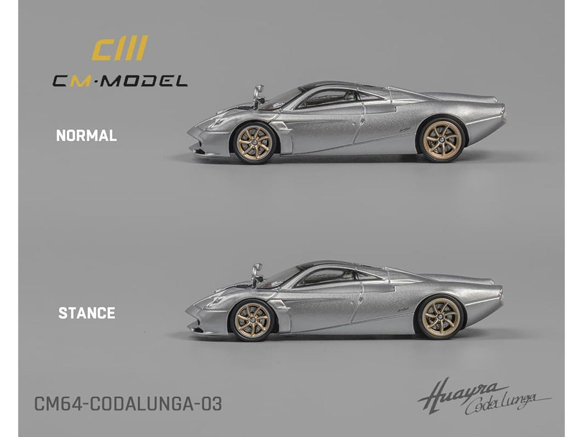 Pagani Huayra Codalunga Silver Metallic with Sunroof and Extra Wheels 1/64 Diecast Model Car by CM Model
