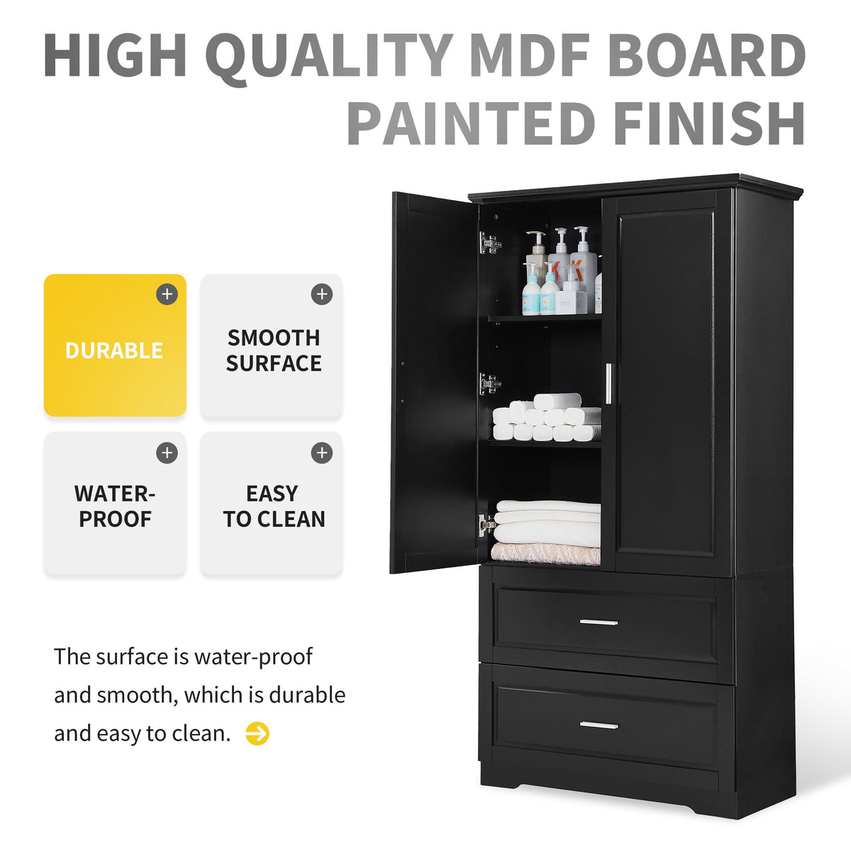 Tall Bathroom Storage Cabinet, Cabinet with Two Doors and Drawers, Adjustable Shelf, MDF Board, Black