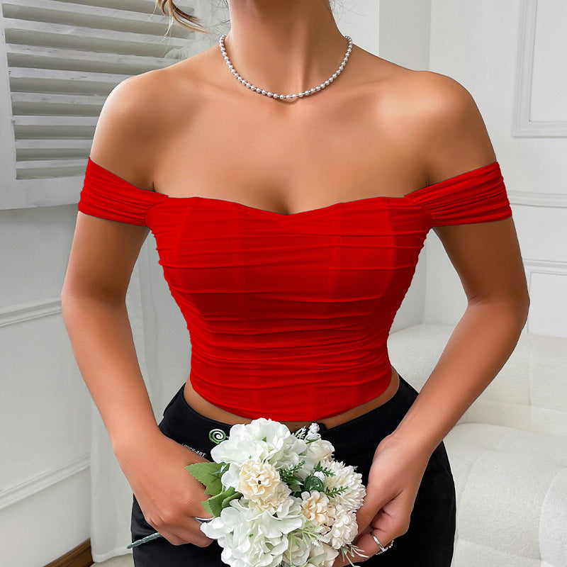 Fishbone waist cinched strapless camisole vest corset one shoulder short sleeved top for women
