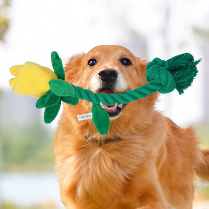 Dog Toy Rose Flower Plush Durable Biting Tooth Cleaning Cotton Rope Knot Crinkle Sound Self-Entertainment Interactive Pet Product